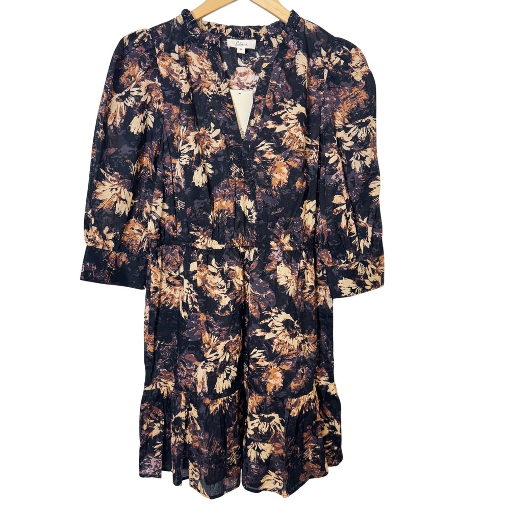 Elan NWT Dress Medium Floral Puff Half Sleeve V-Neck Ruffle Dress Black Brown